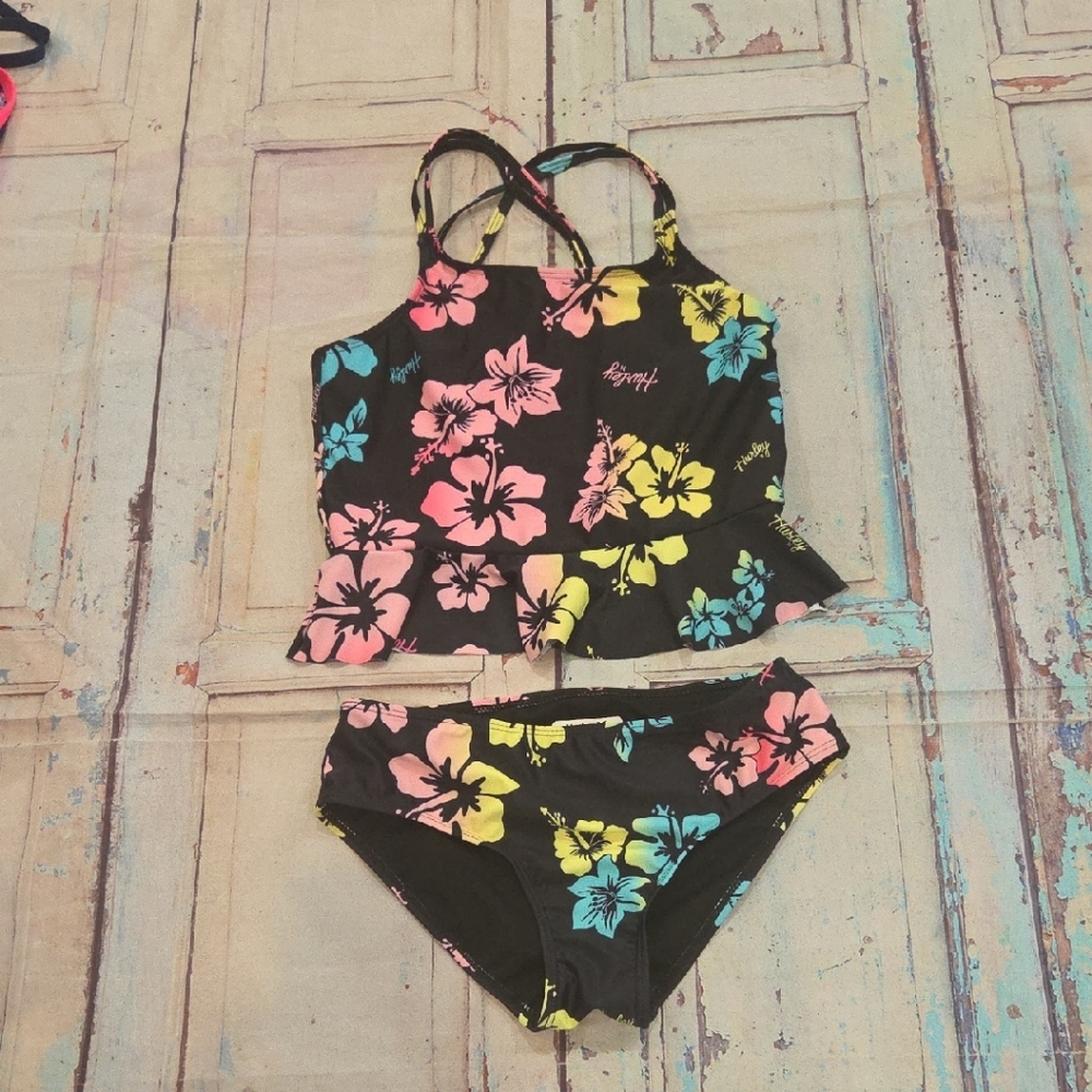 Hurley Kids Bikini Set - Black with Pink, Yellow, and Blue Floral